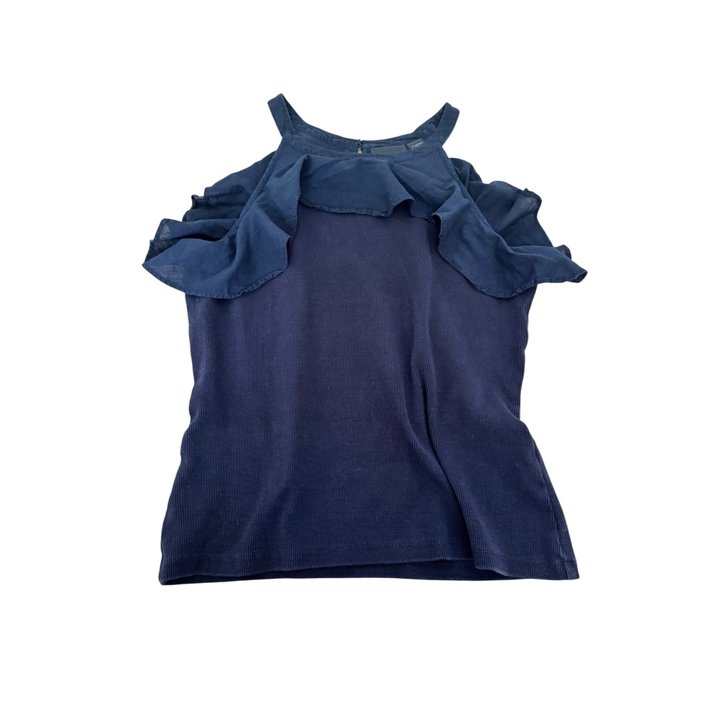 Maeve by Anthropologie Navy Blue Ribbed Ruffle Cold Shoulder Halter Top XL